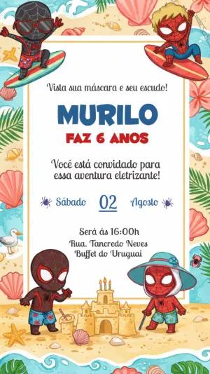 Convite Aniversário Homem Aranha Praia Editável Online