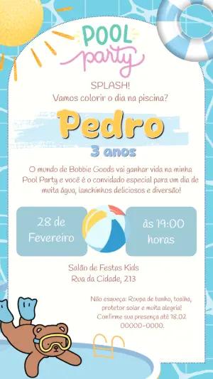 Convite de Aniversário Pool Party com Ursinho para Editar