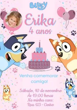 Convite de Aniversário Bluey Rosa com Foto para Editar