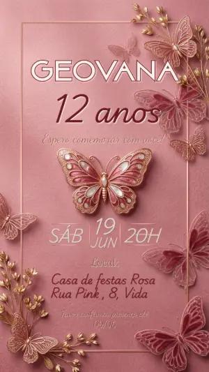 Convite Animado de Aniversário Borboleta Rosa 3D para Editar