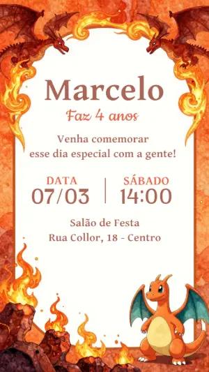 Convite de Aniversário Dragão de Fogo Laranja | Modelo Editável