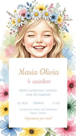 Convite Aniversário Jardim com Menina e Flores para Editar Online