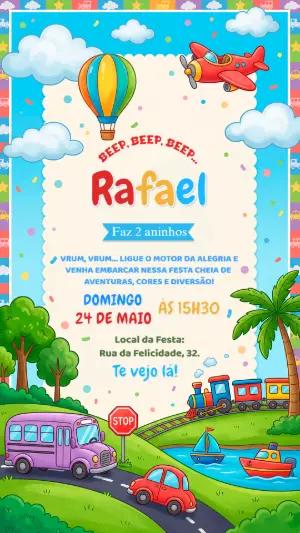 Convite de Aniversário Infantil Transportes Coloridos Editável