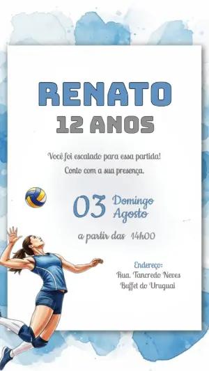 Convite de Aniversário Vôlei com Ilustração para Editar Online