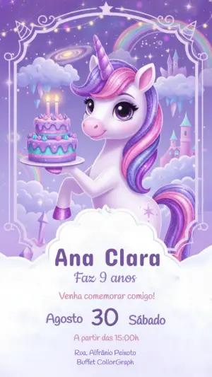 Convite de Aniversário Unicórnio Mágico Lilás para Editar
