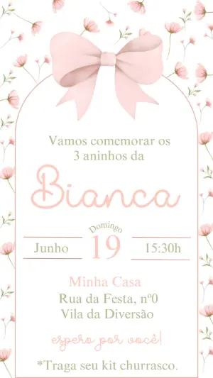 Convite de Aniversário Infantil Floral com Laço Rosa Editável