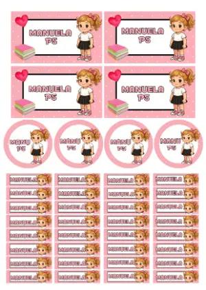 Kit de Etiquetas Escolares Menina Loira Rosa Modelo Editável
