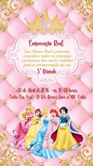 Convite Aniversário Princesas Rosa e Dourado para Editar