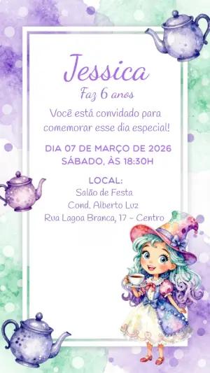 Convite Chá da Tarde Mágico em Aquarela Lilás Editável