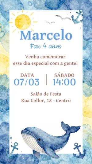 Convite de Aniversário Fundo do Mar com Baleia para Editar