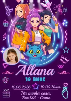 Convite de Aniversário Guerreiras do K-Pop com Foto Editável