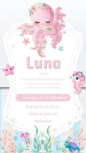 Convite Aniversário Fundo do Mar Polvo Rosa para Editar