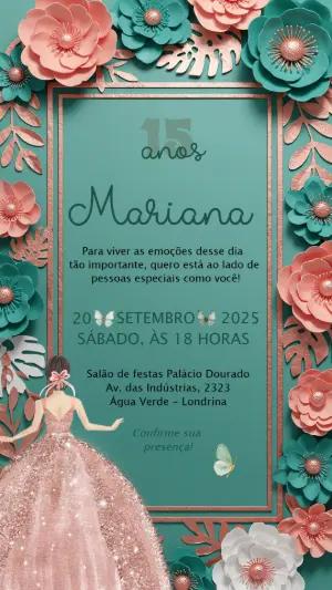 Convite de 15 anos floral verde e rose gold para editar