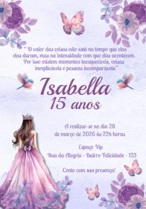 Convite de 15 anos Princesa Lilás Aquarela para Editar