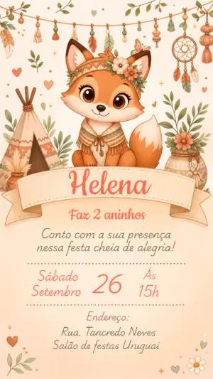 Convite de Aniversário Raposinha Boho Editável para Menina