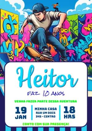 Convite de Aniversário Skate e Graffiti Colorido para Editar