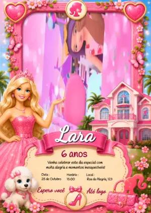 Convite Animado Barbie Rosa para Aniversário Infantil Editável