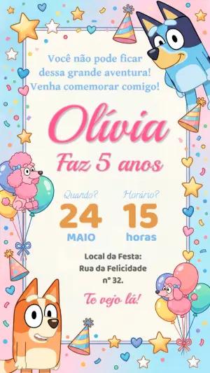 Convite de Aniversário Bluey e Bingo Rosa Editável para Menina