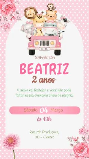 Convite Aniversário Safari Rosa com Animais Fofos para Editar
