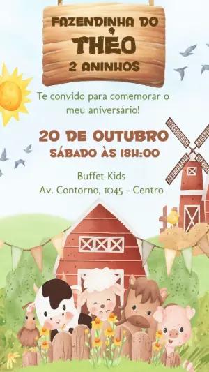 Convite Aniversário Fazendinha com Animais para Editar