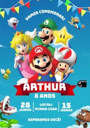 Convite de Aniversário Super Mario Bros com Personagens para Editar