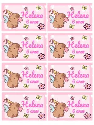 Rótulo de Aniversário Capivara Fada Rosa Modelo Editável