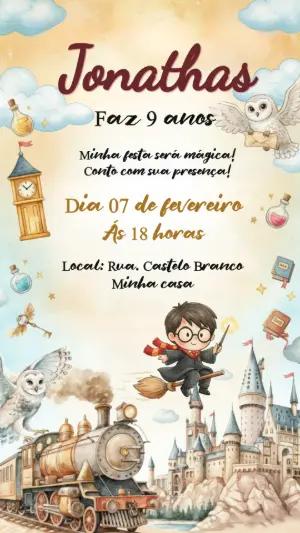 Convite de Aniversário Harry Potter Aquarela para Editar e Enviar