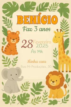 Convite Aniversário Safari com Animais Fofos para Editar Online