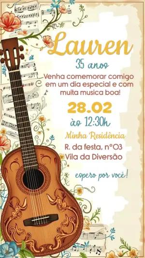 Convite de Aniversário Musical com Violão Rústico Editável