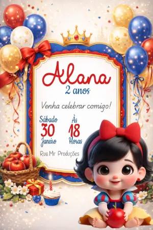 Convite de Aniversário Branca de Neve Fofo para Editar