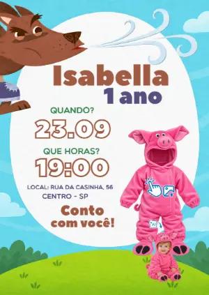 Convite Aniversário 3 Porquinhos: Vire o porquinho com foto IA
