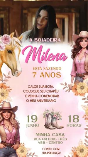 Convite Animado Aniversário Boiadeira com Foto para Editar