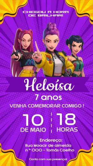 Convite de Aniversário Guerreiras do K-POP Modelo Editável