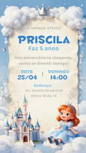 Convite de Aniversário Princesa no Reino das Nuvens Editável