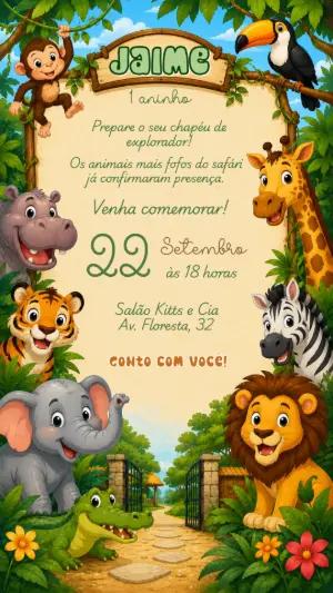 Convite de Aniversário Safari Fofo Editável para Menino