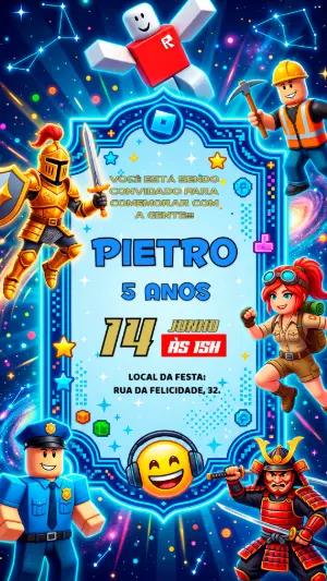 Convite de Aniversário Roblox Gamer Colorido para Editar