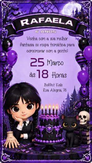 Convite de Aniversário Wandinha Roxo e Preto Editável