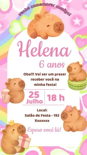 Convite de Aniversário Capivara Fofo Rosa para Editar