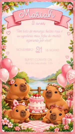 Convite Digital Aniversário Tema Capivara Rosa Editável