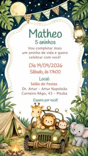 Convite de Aniversário Safari Fofo: Modelo Editável para Menino
