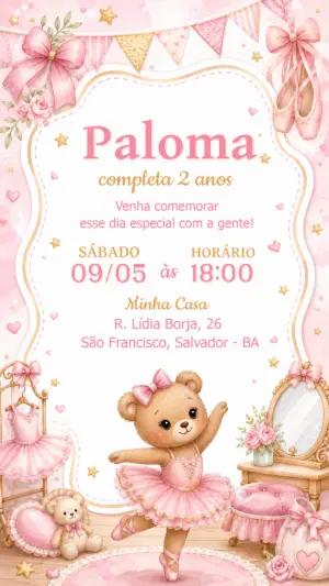 Convite de Aniversário Ursinha Bailarina Editável