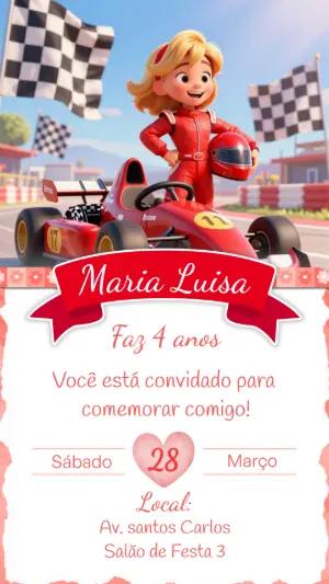 Convite de Aniversário Corrida de Kart Menina Modelo Editável