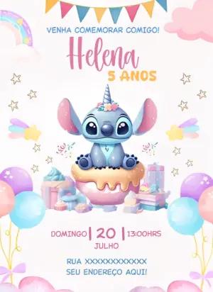 Convite Aniversário Stitch Unicórnio para Editar Online
