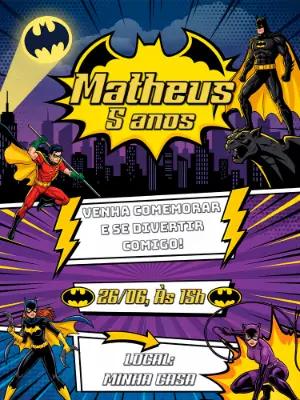 Convite de Aniversário Batman Quadrinhos Modelo Digital Editável