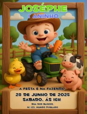 Convite Animado Aniversário Fazendinha para Editar Online
