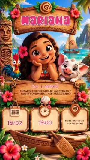 Convite de Aniversário Moana Baby Digital para Editar