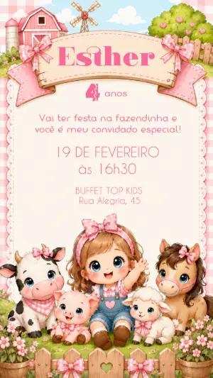 Convite de Aniversário Fazendinha Rosa Editável para Menina