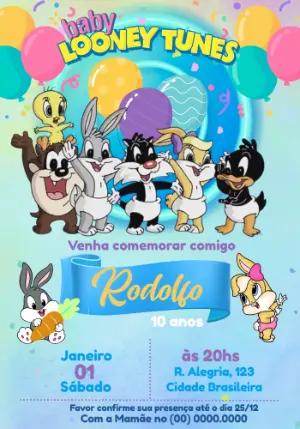 Convite de Aniversário Baby Looney Tunes Colorido para Editar