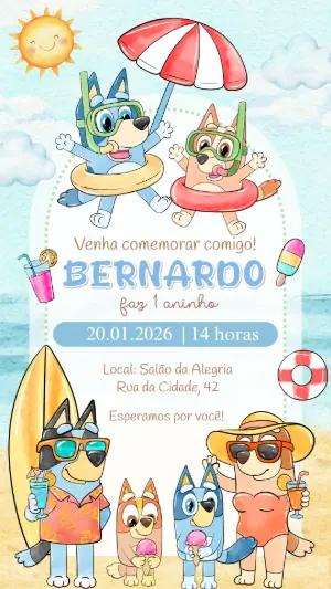 Convite de Aniversário Bluey na Praia Modelo Digital para Editar