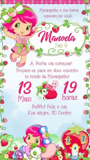 Convite de Aniversário Moranguinho Rosa e Verde Editável